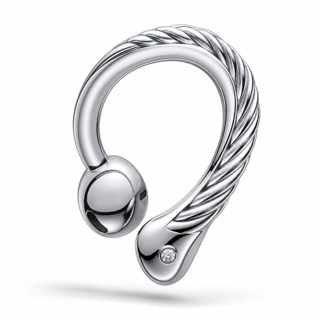Awaaz sculptural chrome-silver hearing wearable